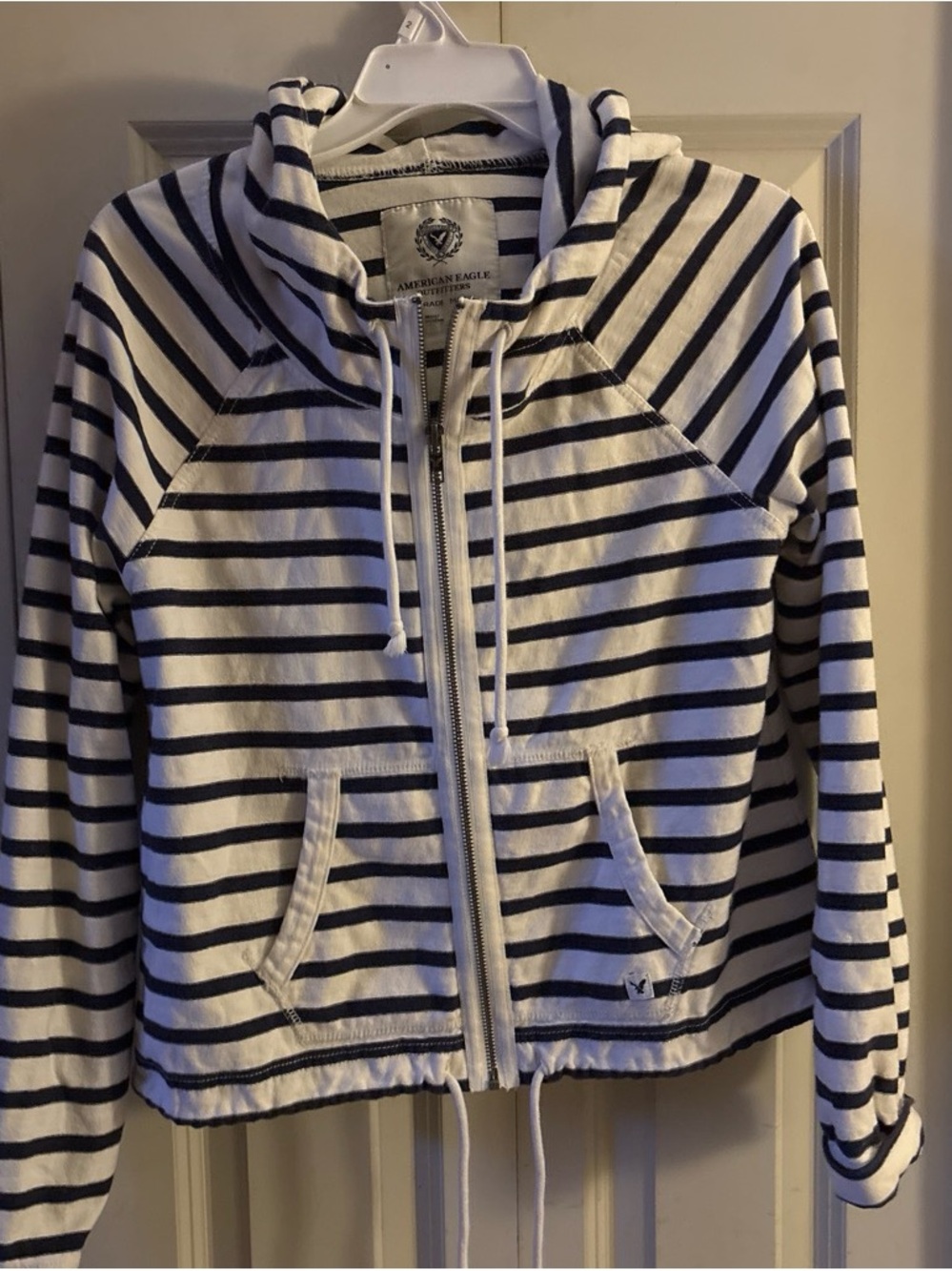 American Eagle Outfitters Kids Striped Hooded Zip Jacket - White & Navy
